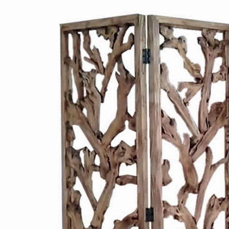 3 Panel Wooden Screen With Mulberry Alpine Like Branches Design, Brown By Benzara | Room Divider | Modishstore - 5