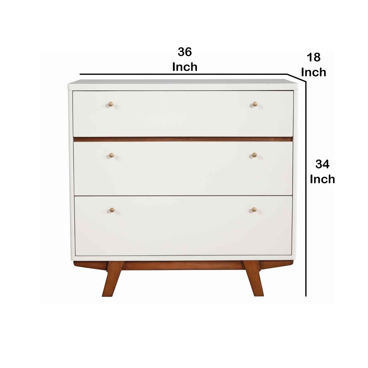 3 Drawer Wood Chest With Round Pulls And Angled Legs, Small,White And Brown By Benzara | Cabinets | Modishstore - 6