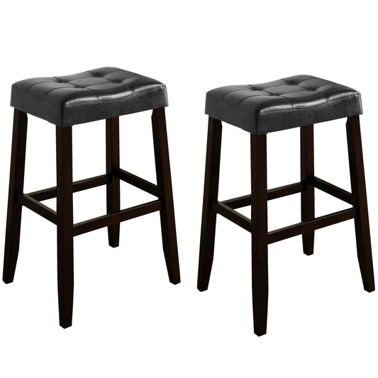 Wooden Stool With Saddle Seat And Button Tufting Set Of 2 Black And Brown By Benzara | Bar Stools | Modishstore