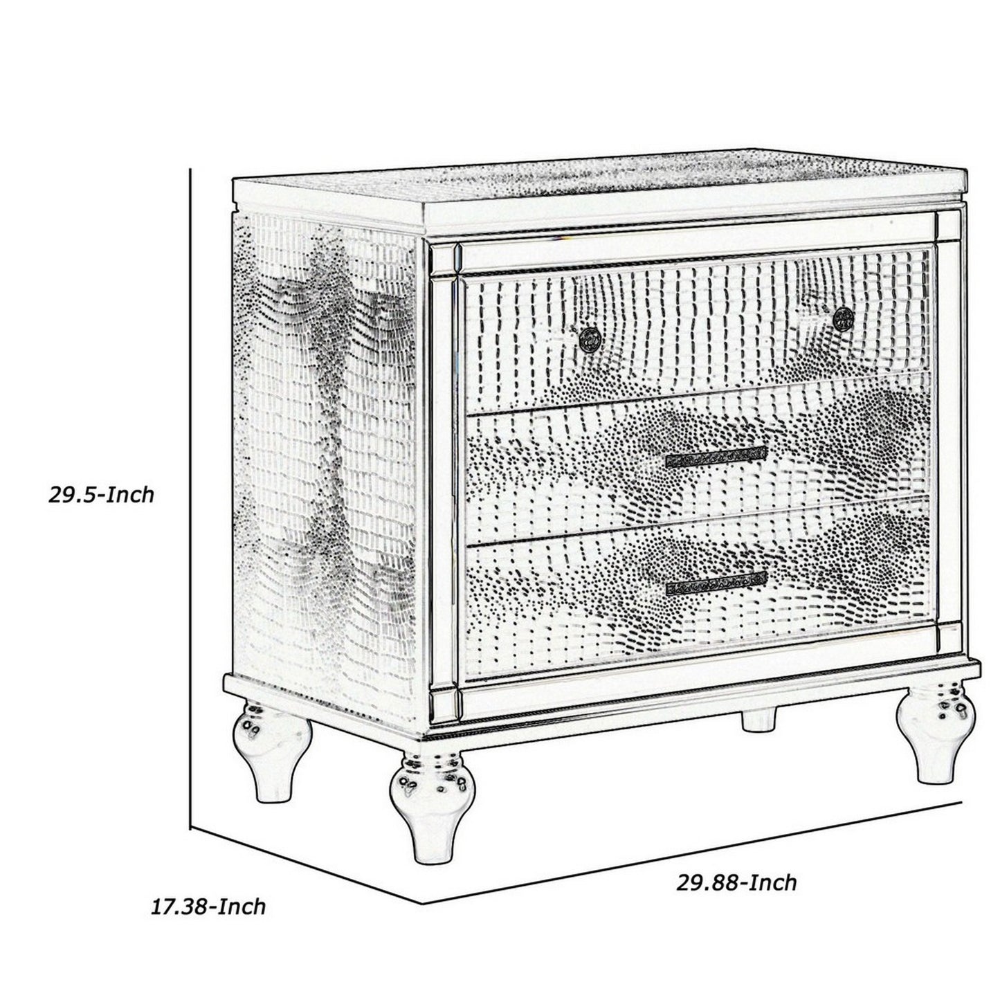 3 Drawer Wooden Nightstand With Mirror Accents And Faux Crystal Pulls,Black By Benzara | Nightstands | Modishstore - 5