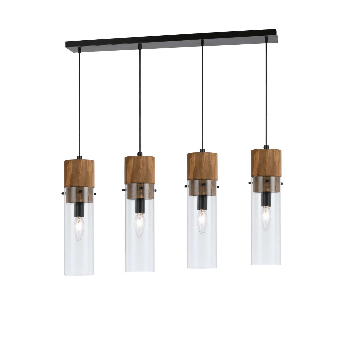 60 X 4 Watt Wood And Metal Fixture With Cylindrical Shades, Brown And Black By Benzara | Pendant Lamps | Modishstore