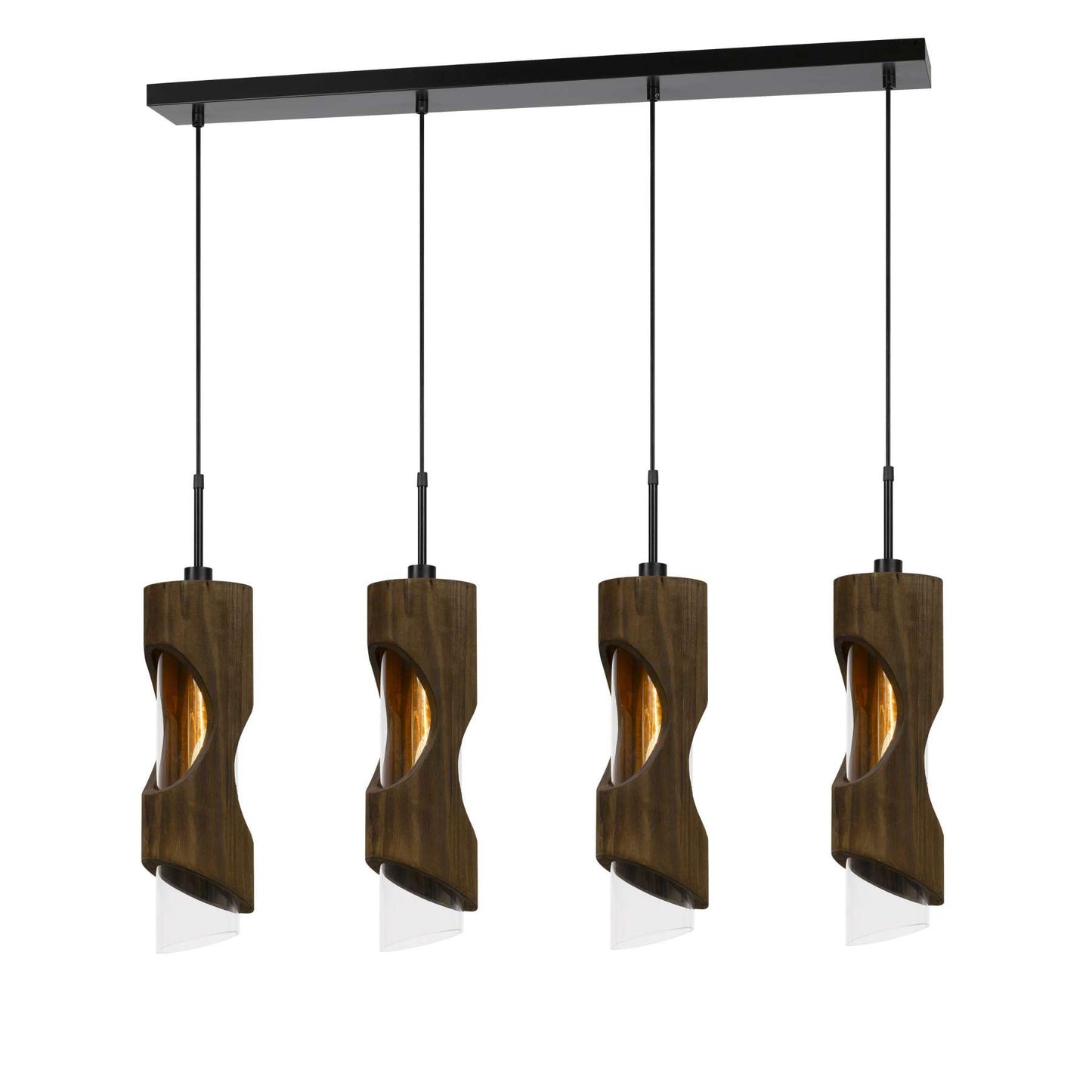 4 Light Metal Frame Pendant Fixture With Wooden And Glass Shades, Brown By Benzara | Chandeliers | Modishstore