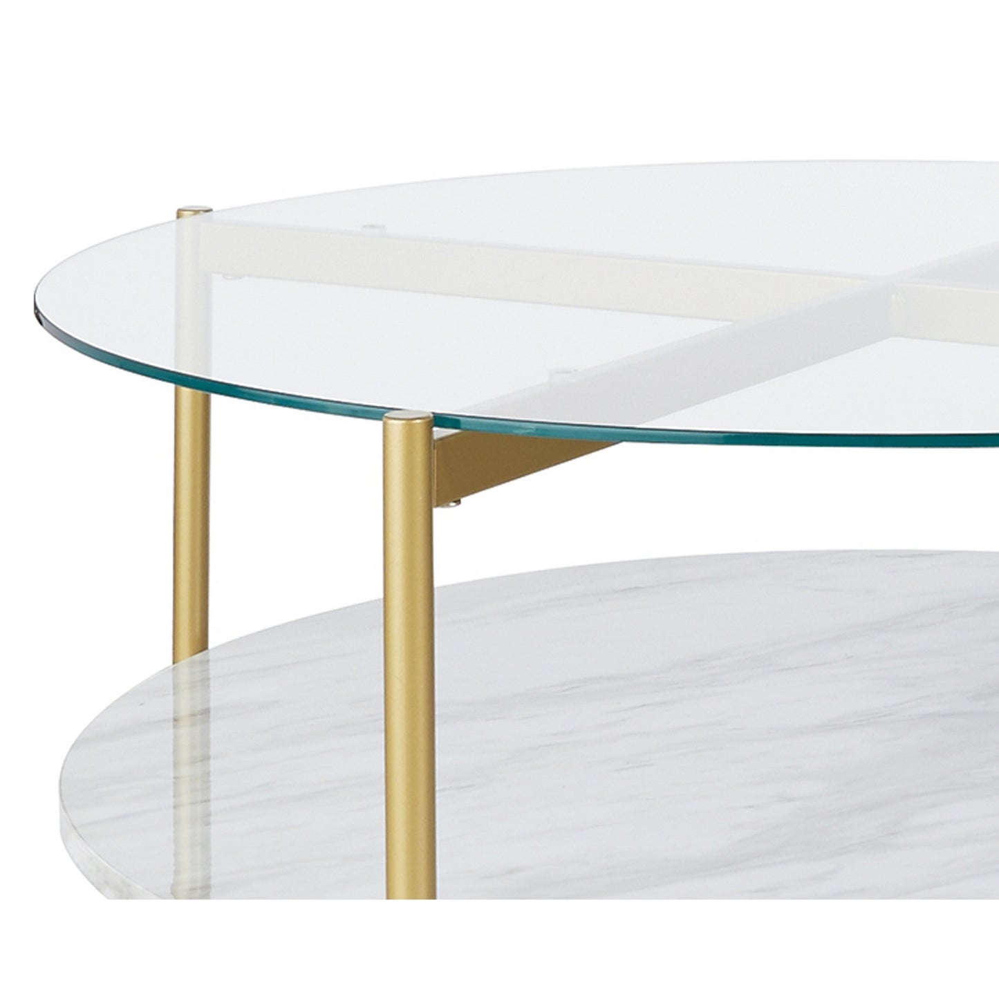 Glass Top Cocktail Table With Faux Marble Bottom Shelf, Clear And Gold By Benzara | Coffee Tables | Modishstore - 3