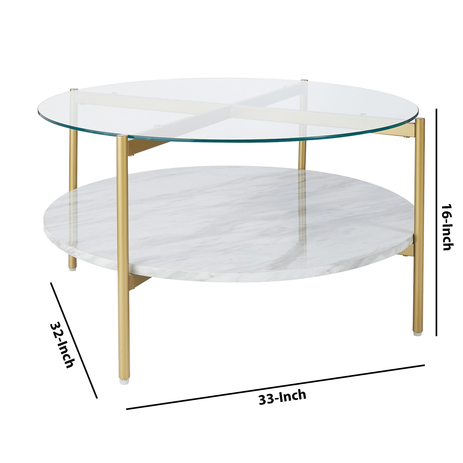 Glass Top Cocktail Table With Faux Marble Bottom Shelf, Clear And Gold By Benzara | Coffee Tables | Modishstore - 5