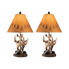 Resin Body Table Lamp With Antler And Pinecone Design Set Of 2 Brown By Benzara