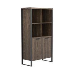 Wooden Bookcase With 2 Doors And Metal Frame Brown And Black By Benzara