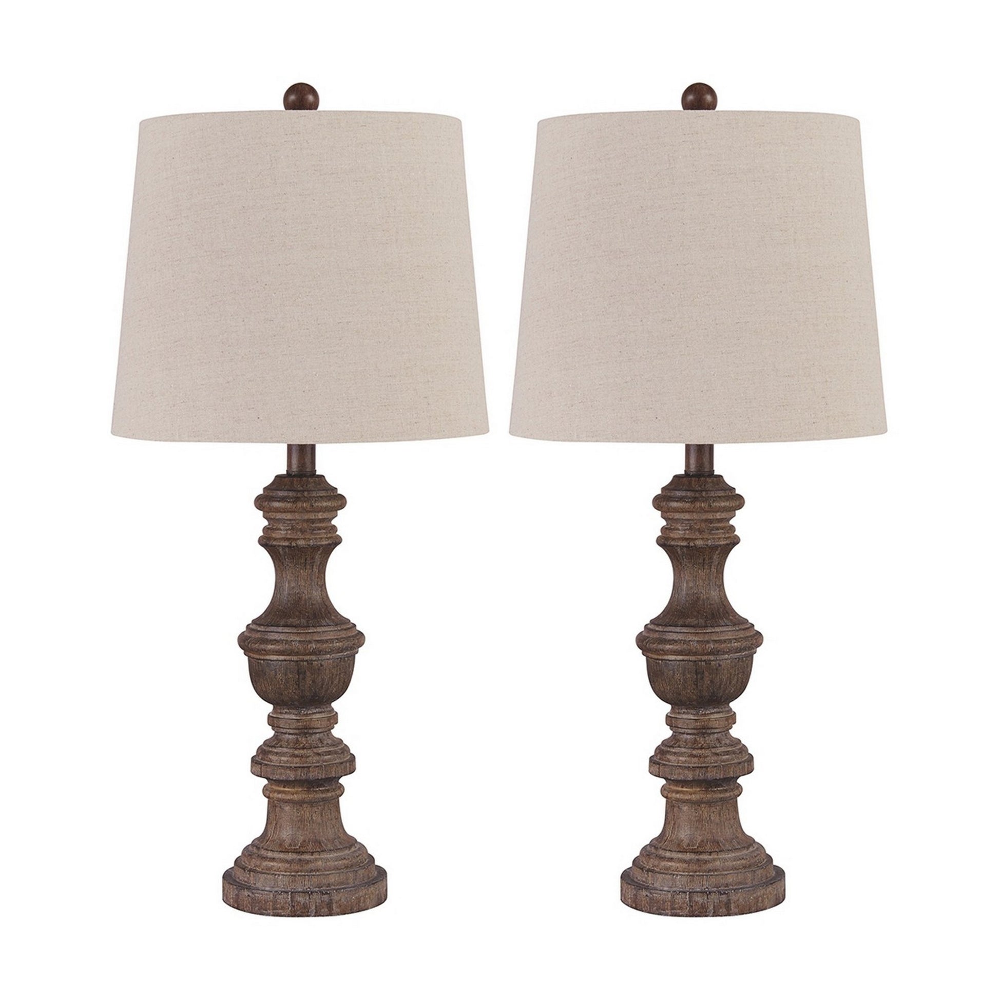 Tapered Fabric Shade Table Lamp With Turned Base Set Of 2 Gray And Brown By Benzara | Desk Lamps | Modishstore