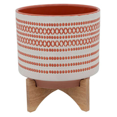 Round Shaped Ceramic Planter With Aztech Pattern, Red By Benzara