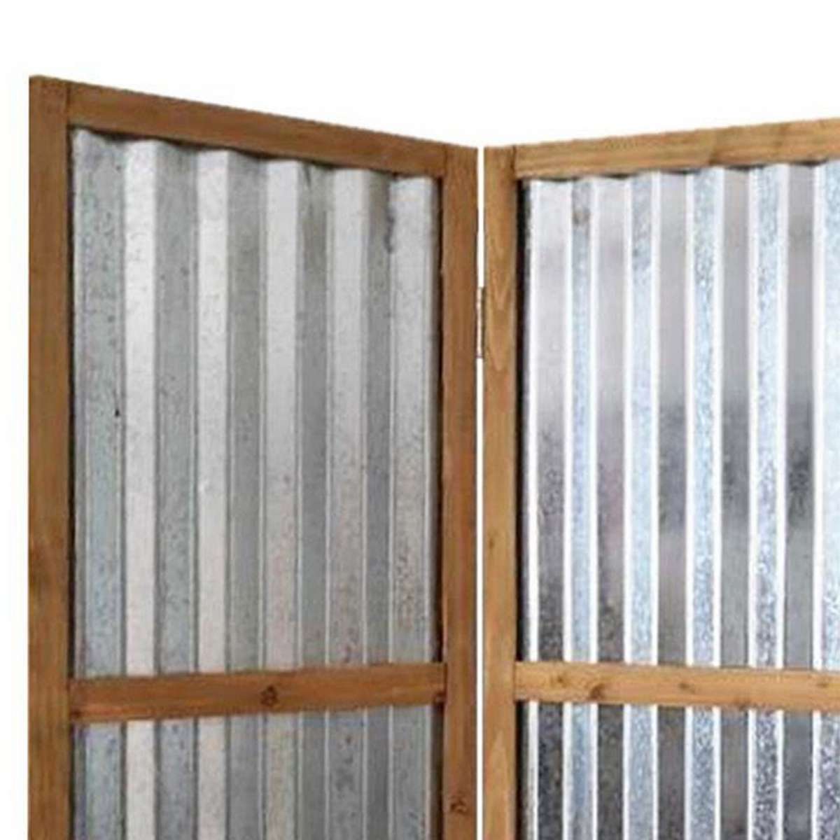 Industrial 3 Panel Foldable Screen With Corrugated Design,Silver And Brown By Benzara | Room Divider |  Modishstore  - 5