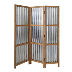 Industrial 3 Panel Foldable Screen With Corrugated Design,Silver And Brown By Benzara