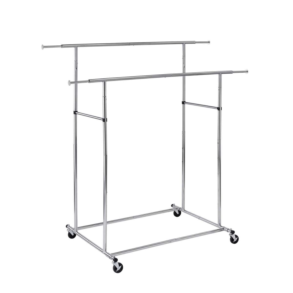 Dual Bar Tubular Metal Frame Garment Rack With Casters, Chrome By Benzara | Coat Racks | Modishstore - 5