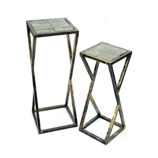 Stone Top Plant Stand With Geometric Base Set Of 2 Black And Gray By Benzara | Stands | Modishstore
