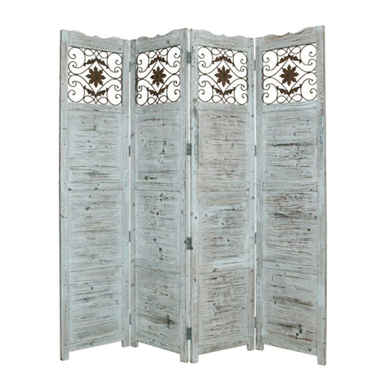 Wooden 4 Panel Screen With Textured Panels And Scrolled Details, White By Benzara | Room Divider |  Modishstore 