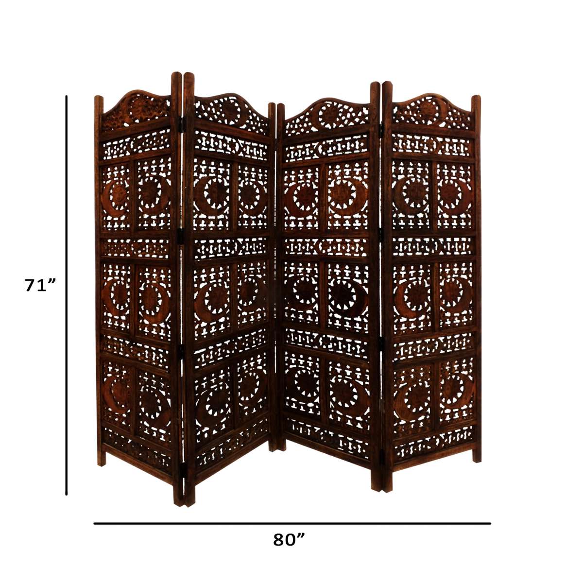 Hand Carved Sun And Moon Design Foldable 4 Panel Wooden Room Divider, Brown By Benzara | Room Divider | Modishstore - 5