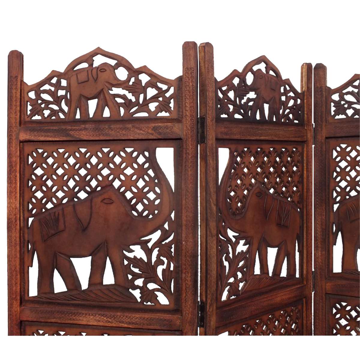 Benzara Hand Carved Elephant Design Foldable 4-Panel Wooden Room Divider, Brown By Benzara | Room Divider | Modishstore - 7