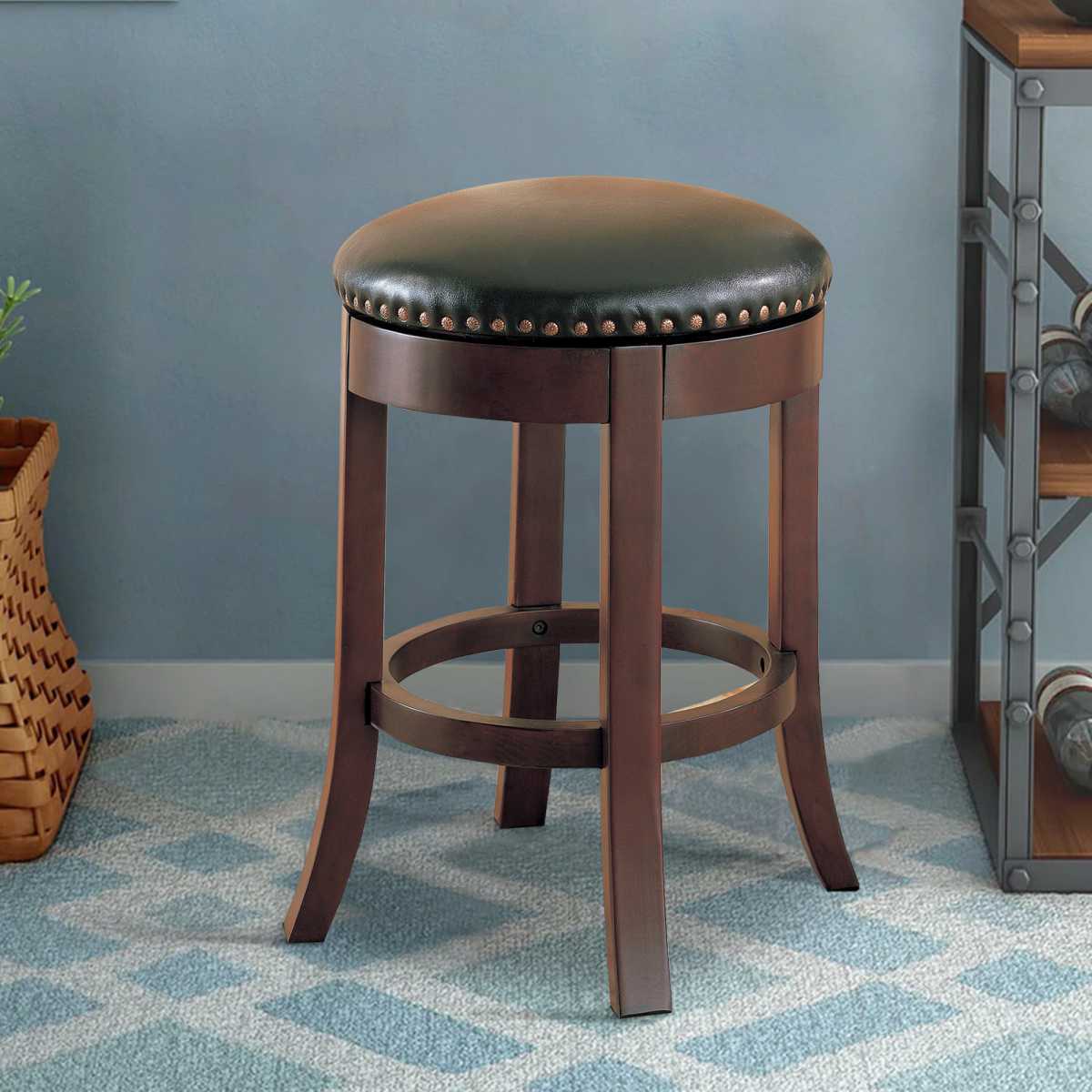 Round Wooden Counter Height Stool With Upholstered Seat, Brown, Set Of 2 By Benzara | Outdoor Stools & Benches | Modishstore