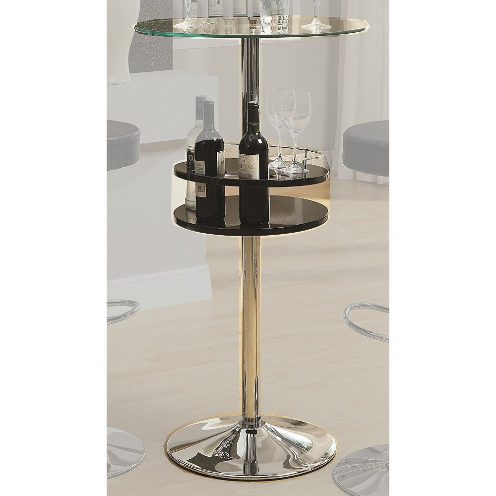 Round Bar Table With Tempered Glass Top And Storage, Black And Chrome By Benzara | Bar Tables | Modishstore