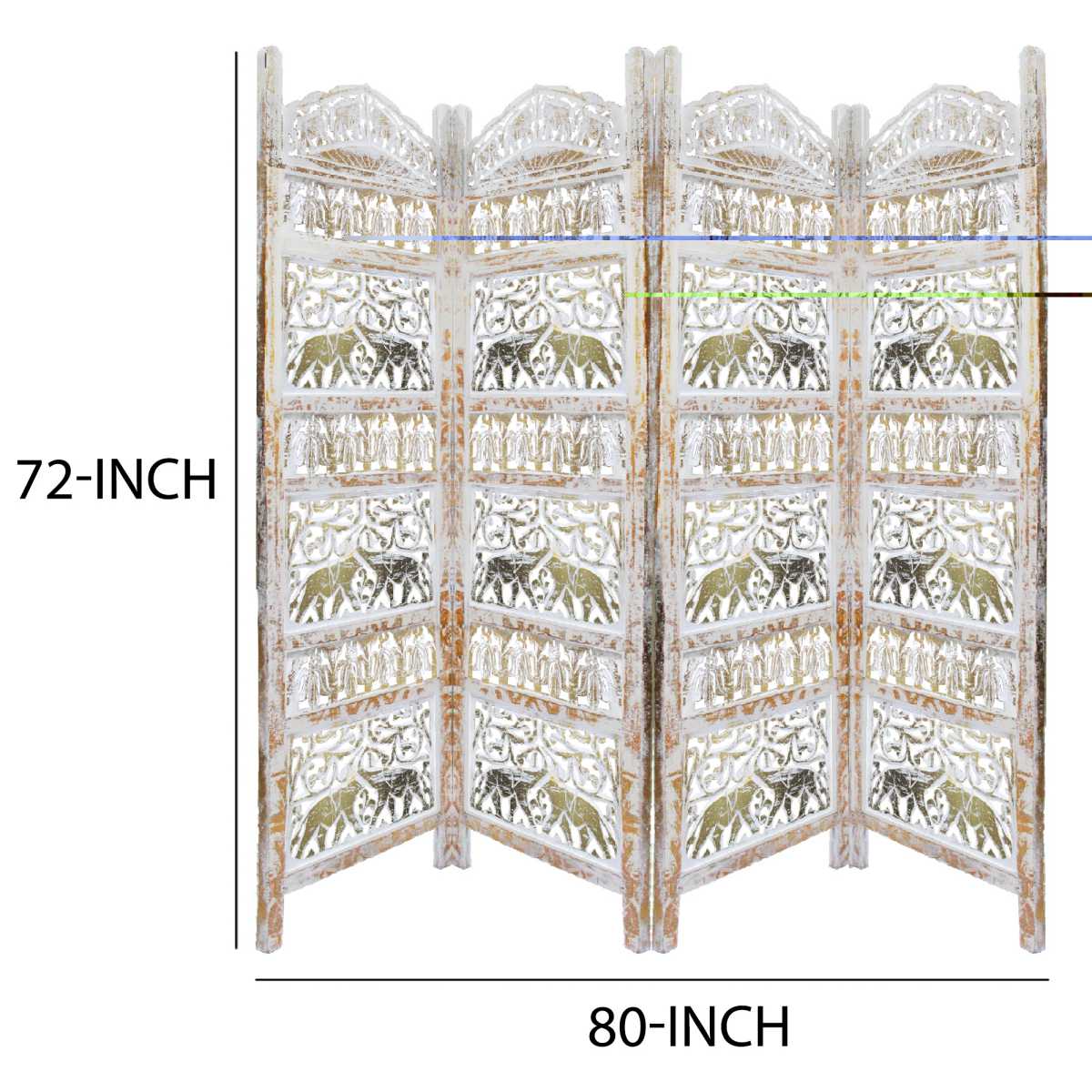 Classic 4 Panel Mango Wood Room Divider With Elephant Carvings, Gold And White By Benzara | Room Divider | Modishstore - 5