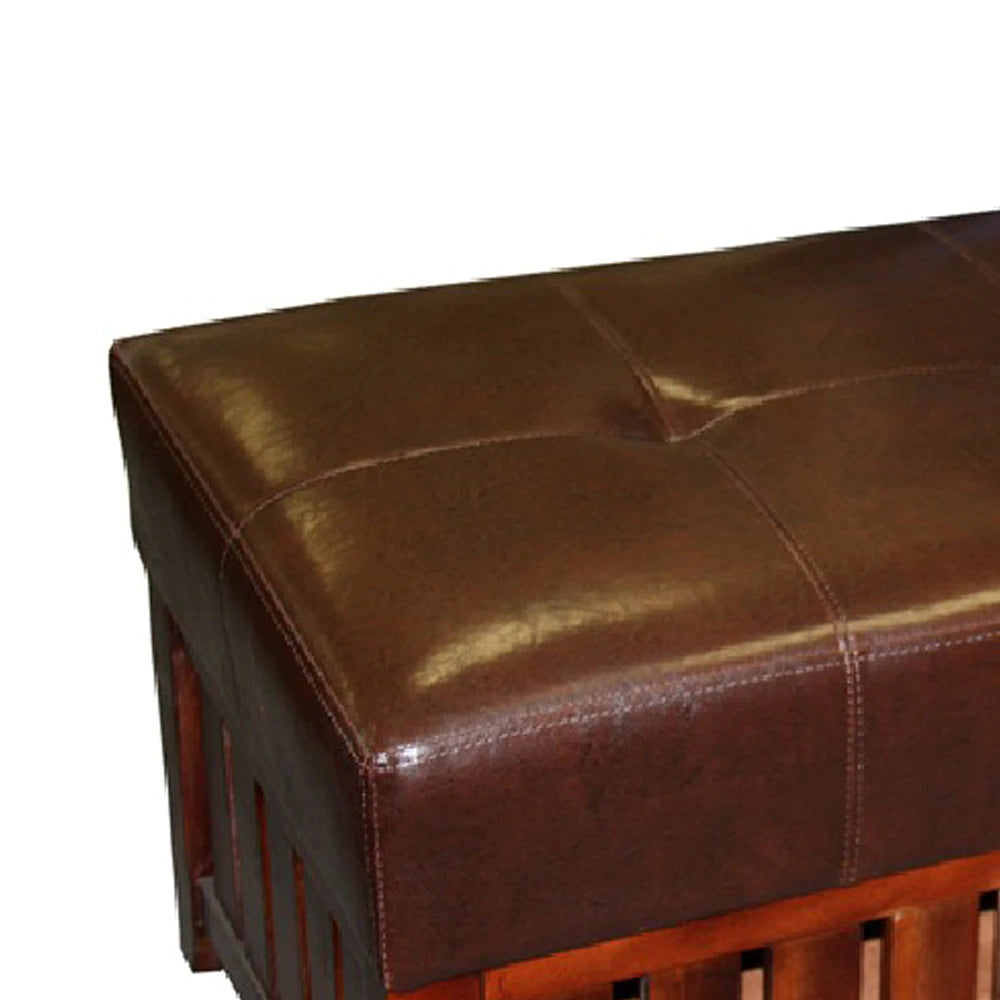 Leatherette Padded Storage Bench With Slatted Design On Frame, Brown By Benzara | Benches | Modishstore - 5