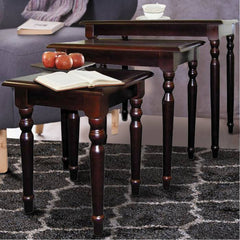 3 Piece Wooden Nesting Tables With Turned Tapered Legs, Cherry Brown By Benzara