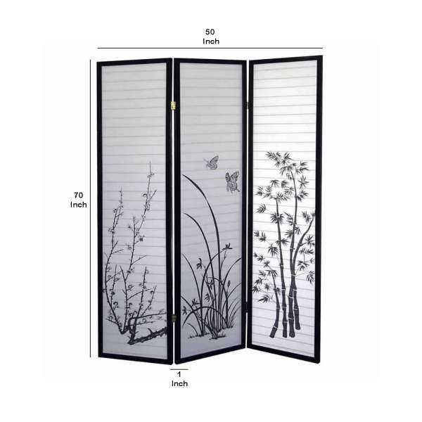 Naturistic Print Wood And Paper 3 Panel Room Divider, White And Black By Benzara | Room Divider | Modishstore - 5