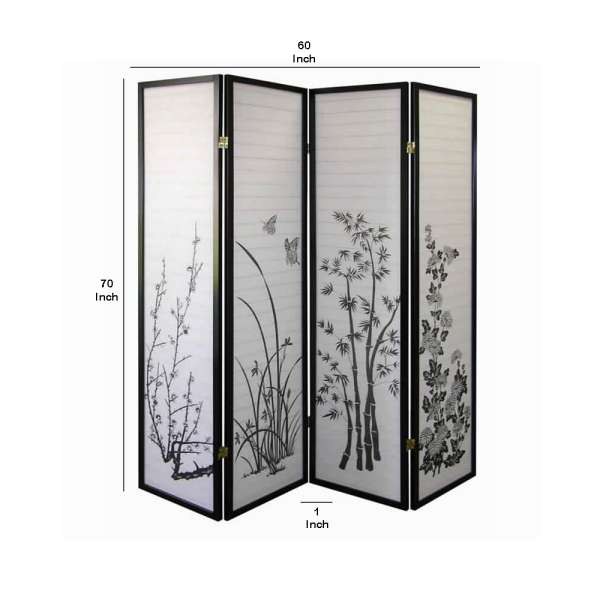 Naturistic Print Wood And Paper 4 Panel Room Divider, White And Black By Benzara | Room Divider | Modishstore - 5