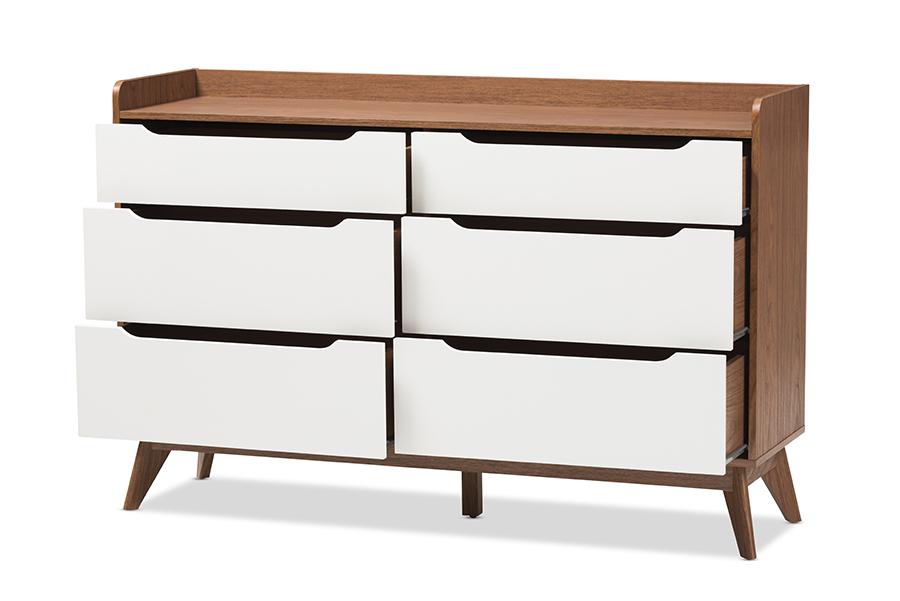 baxton studio brighton mid century modern white and walnut wood 6 drawer storage dresser | Modish Furniture Store-3