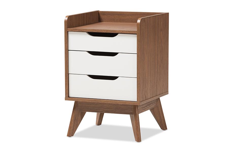 baxton studio brighton mid century modern white and walnut wood 3 drawer storage nightstand | Modish Furniture Store-2