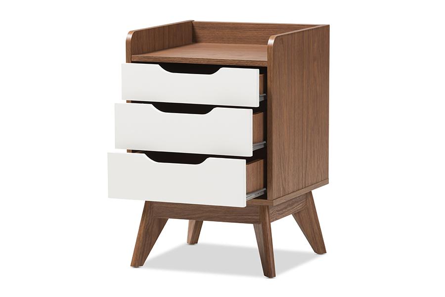 baxton studio brighton mid century modern white and walnut wood 3 drawer storage nightstand | Modish Furniture Store-3