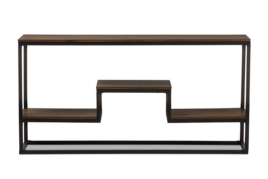 baxton studio doreen rustic industrial style antique black textured finished metal distressed wood console table | Modish Furniture Store-3