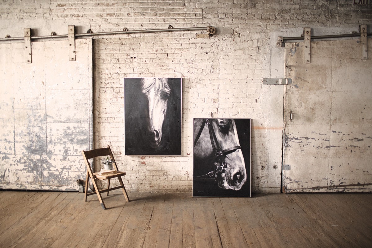 Oil Painting Black & White Front View Horse W Silver Frame by Kalalou | Modishstore | Wall Decor