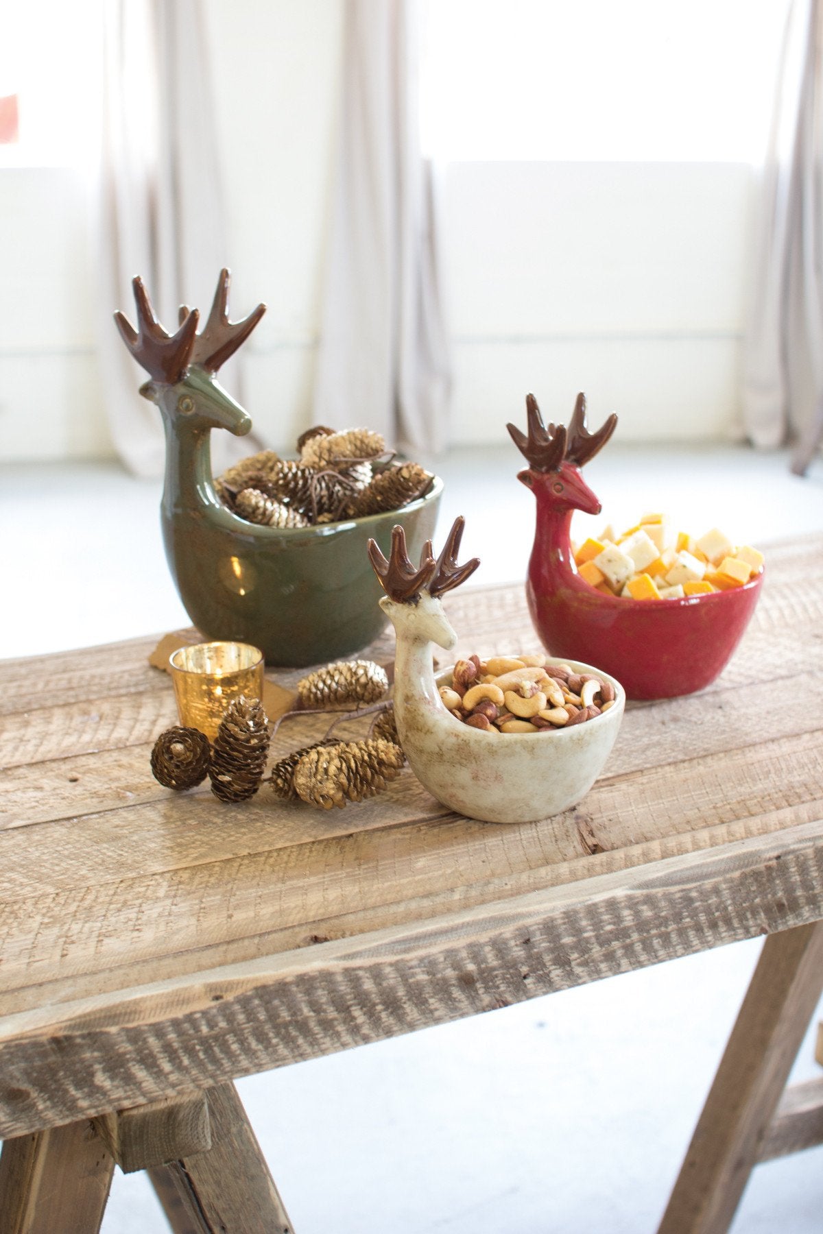 Kalalou Ceramic Deer Bowls - Sage, Red, White - Set Of 3 | Modishstore | Decorative Bowls