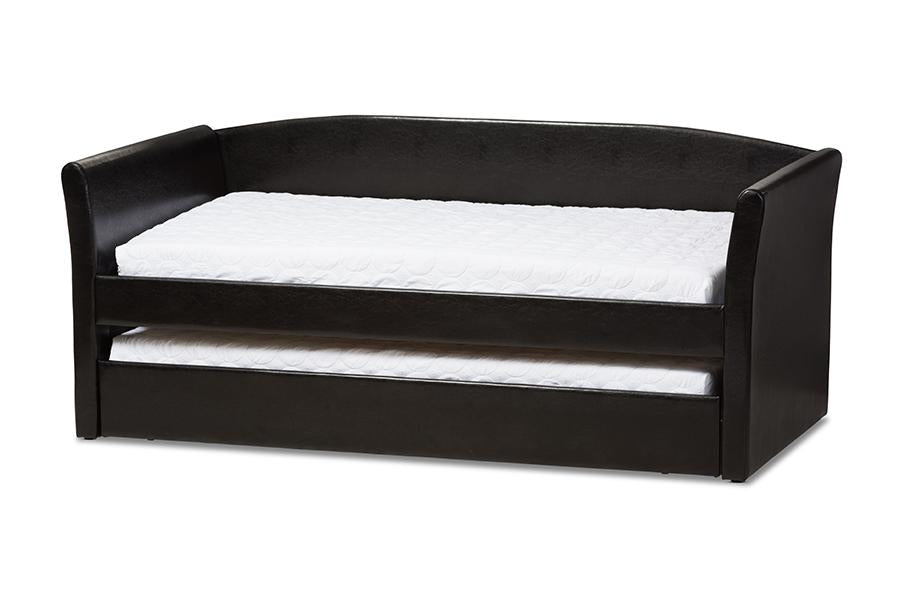 baxton studio camino modern and contemporary black faux leather upholstered daybed with guest trundle bed | Modish Furniture Store-2