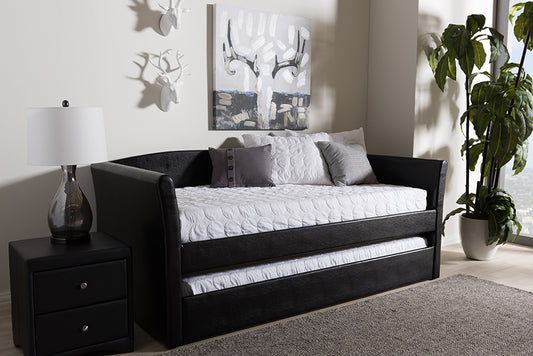 Baxton Studio Camino Modern and Contemporary Black Faux Leather Upholstered Daybed with Guest Trundle Bed | Modishstore | Daybeds