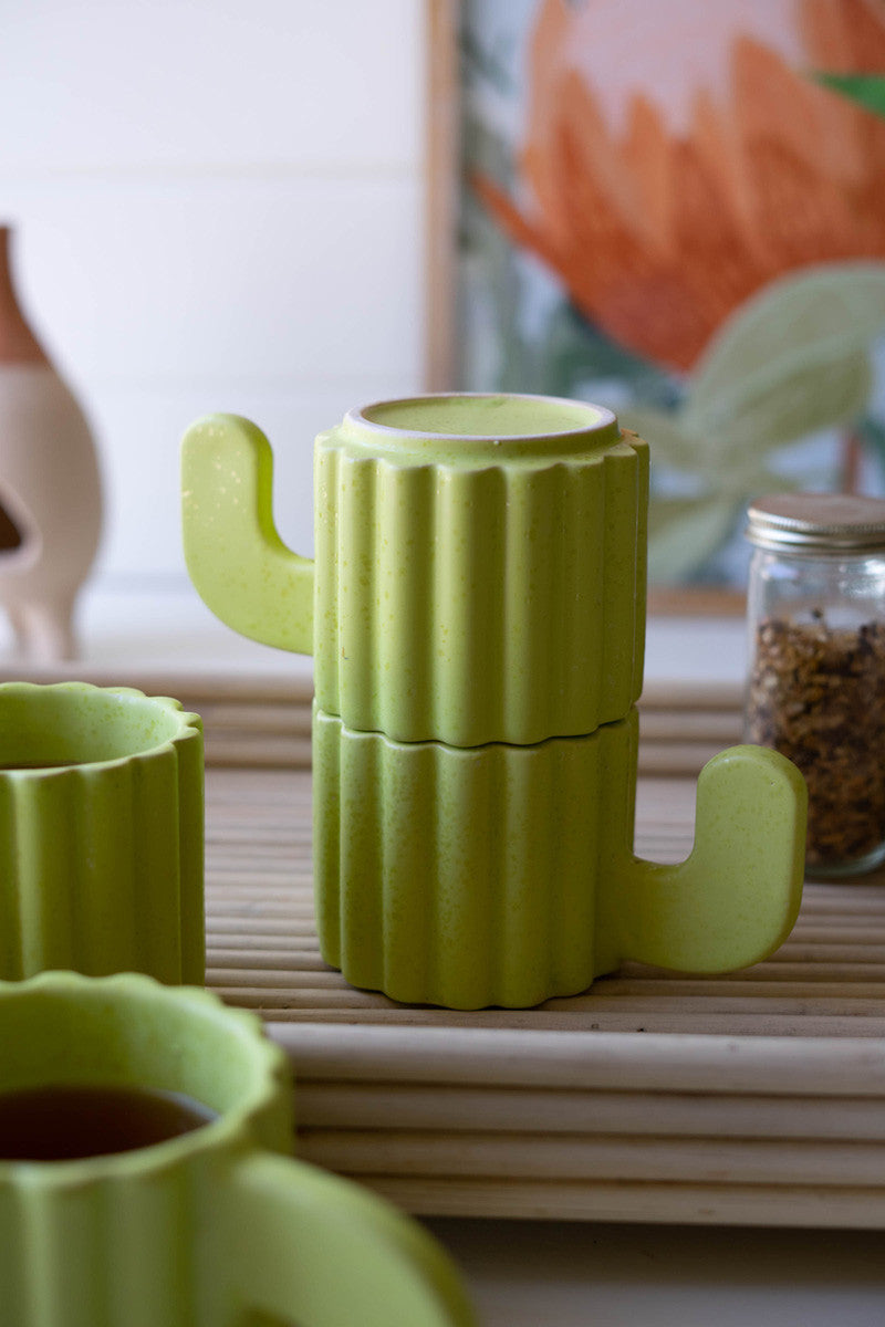 Set Of Four Stacking Ceramic Mugs - Cacti Mugs By Kalalou | Drinkware | Modishstore - 4