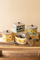 Set Of Four Wood & Metal Canisters W Painted Flower Detail By Kalalou