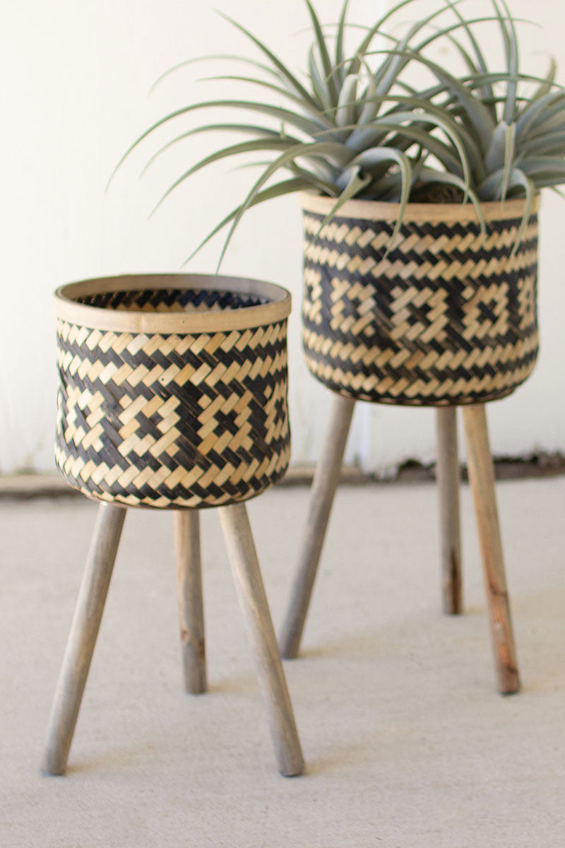 Woven Black & Natural Bamboo Plant Stands With Wood Legs Set Of 2 By Kalalou-2