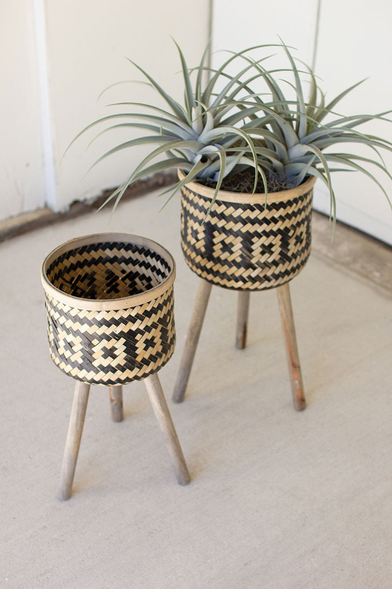 Woven Black & Natural Bamboo Plant Stands With Wood Legs Set Of 2 By Kalalou-3