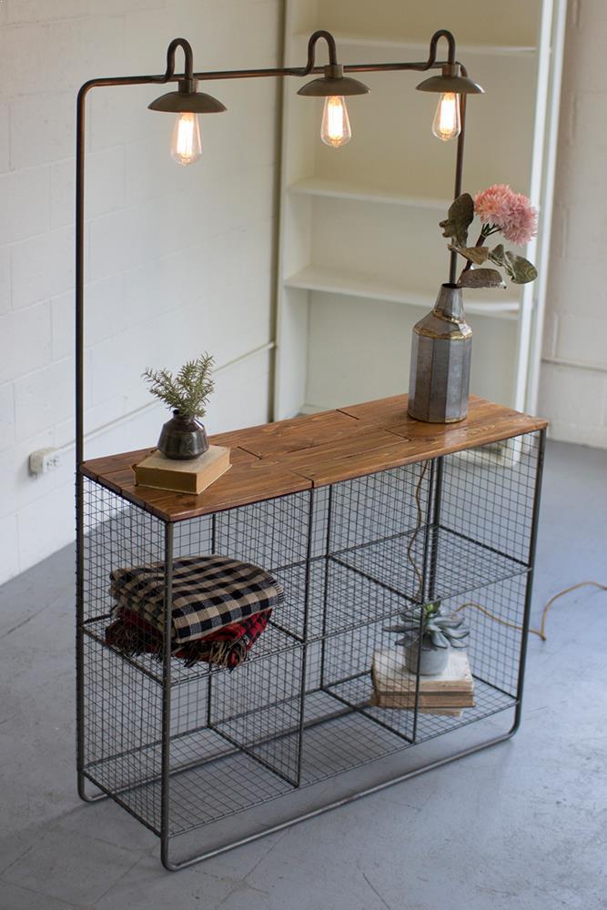 Kalalou Wall Display W/Three Lights-Six Wire Cubbies & Wood Shelf | Modishstore | Shelves & Shelving Units