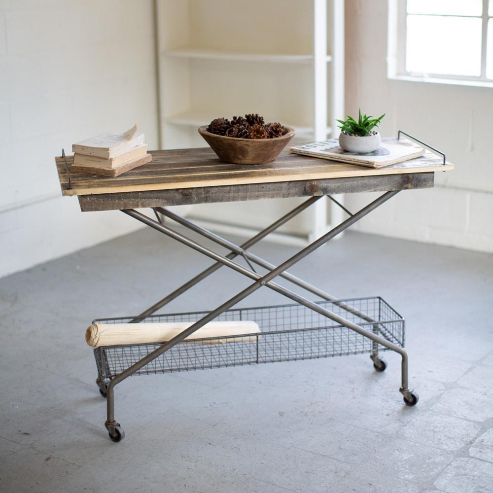 Kalalou Recycled Wood Console Table With Metal Base, Basket And Casters | Modishstore | Console Tables