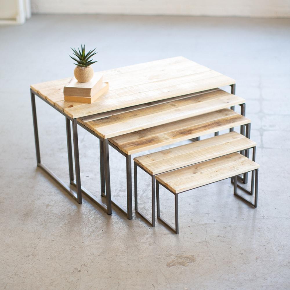 Kalalou Set Of 5 Iron & Recycled Wood Rectangle Nesting Display Risers | Modishstore | Accent Tables
