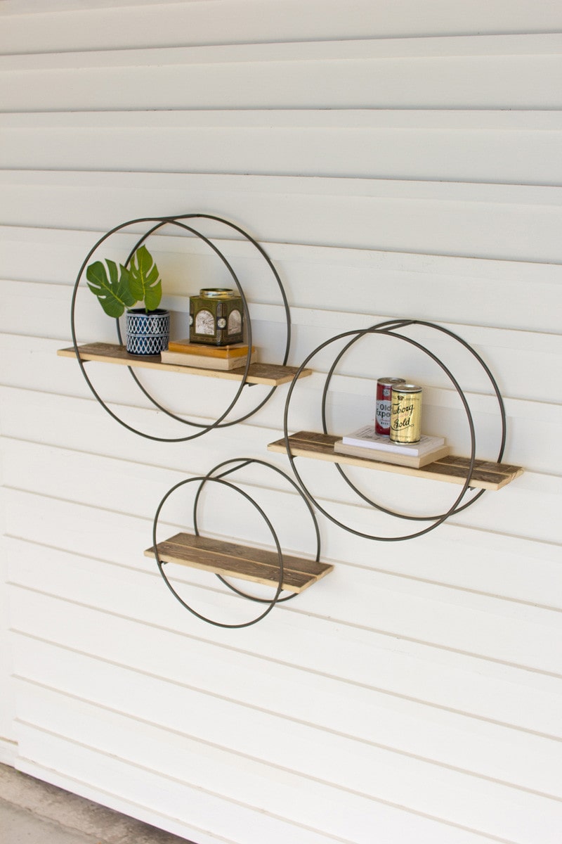 Recycled Wood Shelves With Round Metal Frames Set of 3 by Kalalou | Modishstore | Shelves & Shelving Units