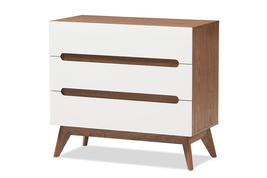 baxton studio calypso mid century modern white and walnut wood 3 drawer storage chest | Modish Furniture Store-3