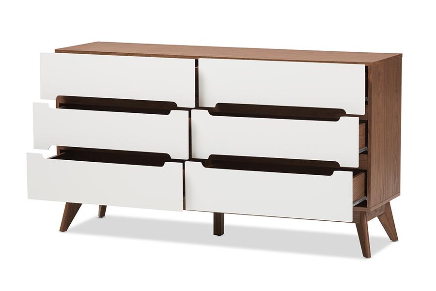 baxton studio calypso mid century modern white and walnut wood 6 drawer storage dresser | Modish Furniture Store-3