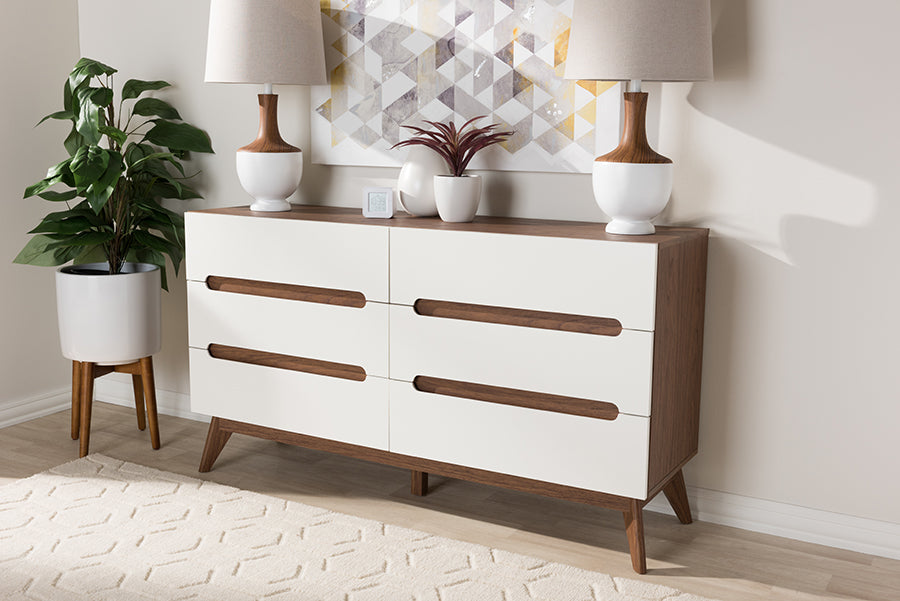 Baxton Studio Calypso Mid-Century Modern White and Walnut Wood 6-Drawer Storage Dresser Baxton Studio Calypso Mid-Century Modern White and Walnut Wood 6-Drawer Storage Dresser