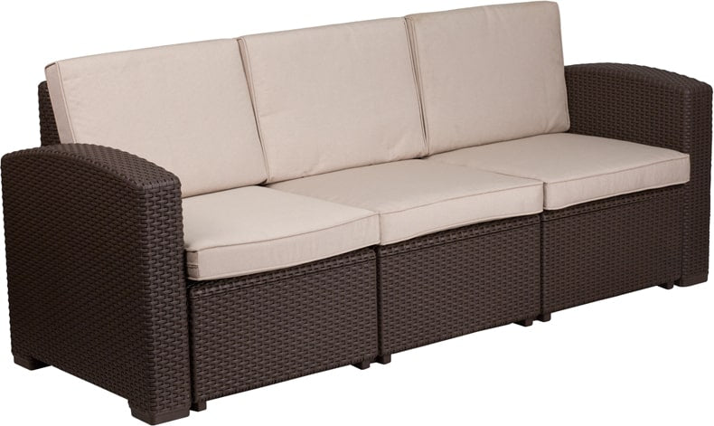 Chocolate Brown Faux Rattan Sofa with All-Weather Beige Cushions by Flash Furniture | Outdoor Sofas, Loveseats & Sectionals | Modishstore - 4