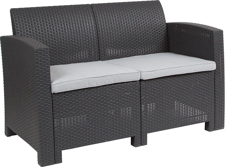 Dark Gray Faux Rattan Loveseat with All-Weather Light Gray Cushions by Flash Furniture | Outdoor Sofas, Loveseats & Sectionals | Modishstore - 5