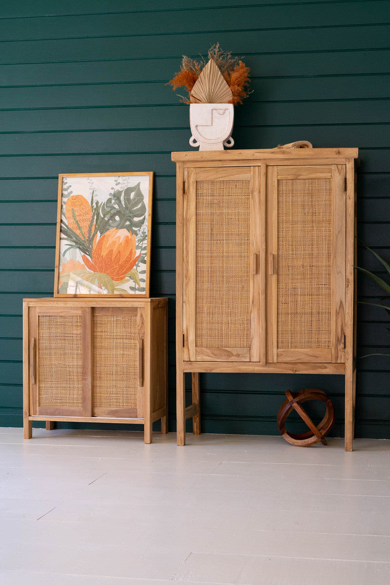 Large Two Door Wooden Cabinet With Woven Cane Detail By Kalalou | Cabinets | Modishstore - 7
