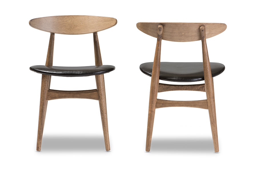 Baxton Studio Edna Mid-Century Modern French Black Faux Leather and "Oak" Light Brown Finishing Wood Dining Chair | Modishstore | Dining Chairs - 4