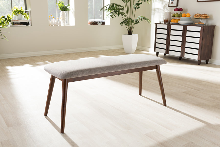 Baxton Studio Flora Mid-Century Modern Light Grey Fabric and "Oak" Medium Brown Finishing Wood Dining Bench | Modishstore | Stools & Benches